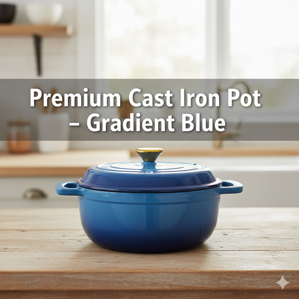Gradient Blue Cast Iron Cooking Pot 6QT with Enamel Finish & Gloves