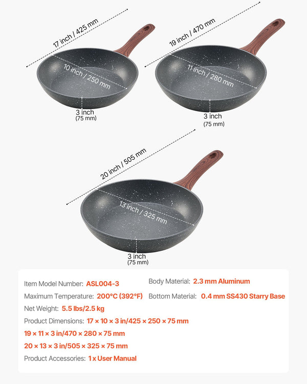 3-Piece Nonstick Frying Pan Set – 9.5", 11", 12"